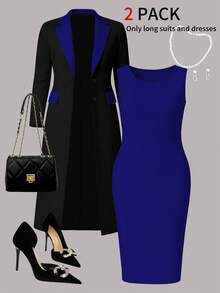 Bộ đồ 2 mảnh thanh lịch mới dành cho nữ cỡ lớn mùa Xuân/Thu: Áo khoác cardigan dài tay màu trơn + Đầm ôm sát không tay dáng midi màu đen - màu đen - Xem 1