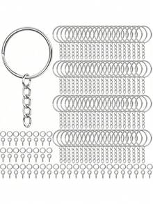 300pcs Key Rings, 100pcs 25mm Keychain With Chains, 100pcs Split Rings, 100pcs Screw Eye Pins, Suitable For Resin, Crafts And Keychain Making, Car Accessories, Bag Charms, Campus Goth Y2K Style - Silver - View 8