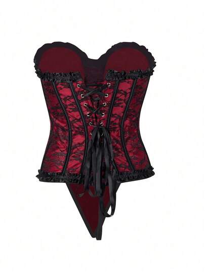 蕾絲提花褶邊附丁字褲腰封