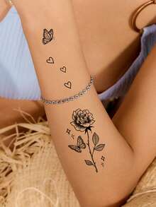 30张防水黑色小号图案临时纹身贴纸，蝴蝶、星空、花朵、爱心纹身图案，男女通用，一次性假纹身，可用于手、腿、手臂、脸、手指、脖子和身体其他部位。 - 黑色 - 查看 3