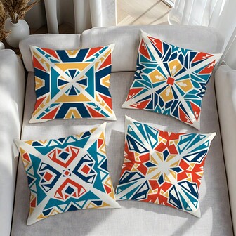 4pcs Abstract Bohemian Geometric Pattern Throw Pillow Covers, Soft Peach Velvet Fabric, Single-Sided Printing 16"X16"/18"X18"/20"X20", Suitable For Living Room, Bedroom, Sofa, Home Decor, Holiday Gift, No Pillow Insert