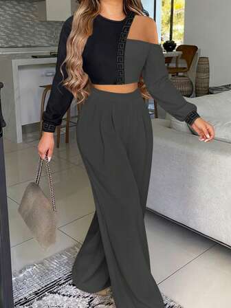 休闲修身印花长袖圆领T恤衬衫搭配梭织直筒裤女士夏季两件套