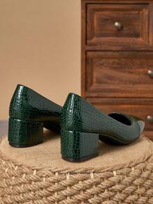 Dark Green Patent Two-Tone Stone-Texture Square Toe Block Heel Pumps – 5cm - Dark Green - View 6