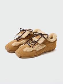 MASKERT 女士仿毛皮休闲运动鞋、女士人字拖运动鞋、女士休闲鞋、鞋子、复古运动鞋、增高舒适鞋和百搭鞋 - 棕色 - 查看 4