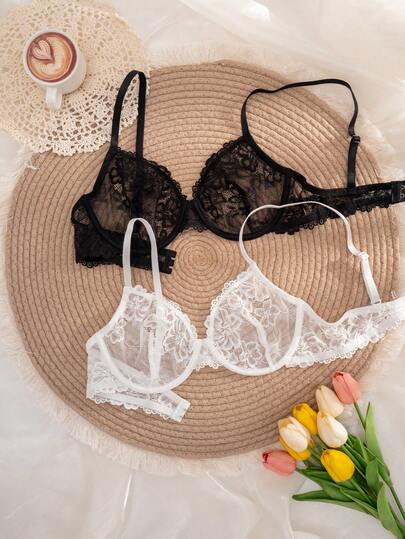 2件装女士纯色蕾丝钢圈舒适文胸套装