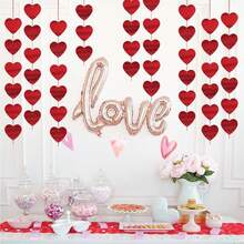 12/24 Pcs Red Heart Sequin Garland Banners Red Glitter Heart Hanging String Decoration Valentines Day DIY Hearts Garland Decoration For Wedding Valentine's Day Anniversary Party Home Decor - Red - View 3