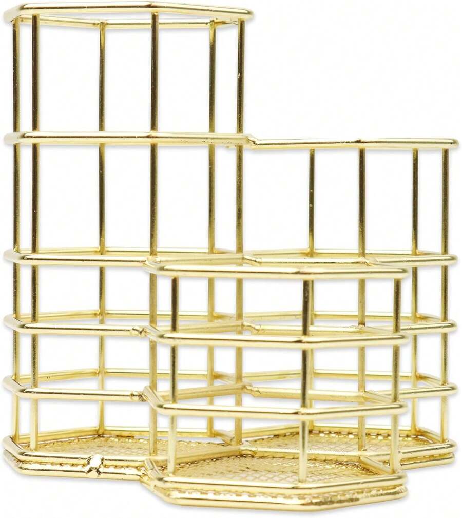 Organizador De Escritorio, Organizador de brochas & Portalápices Metal, Soporte Para Accesorios De Oficina (Gold) - Dorado - Ver 1