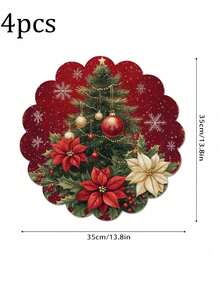 4 Pacotes Conjunto de Jogos Americanos de Natal - Design de Árvore Floral Antiderrapante | Decoração de Mesa Lavável, Essenciais para Jantar de Feriado, Acessórios de Cozinha Festivos