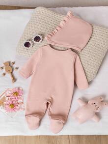 女婴可爱刺绣纽扣装饰长袖连体衣 + 可爱帽子