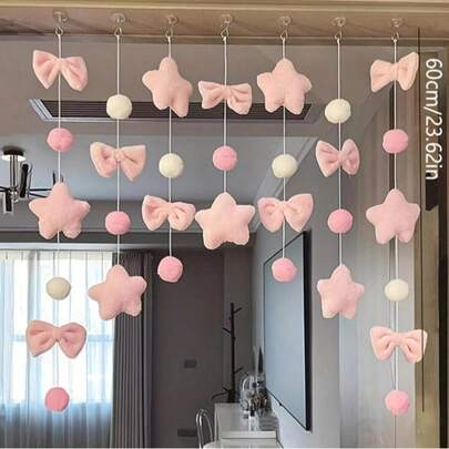1pc Pink Planet Decorative Hanging Curtain, No Drilling Required, Suitable For Bedroom, Children's Room, Princess Room, With Bowknot Decor