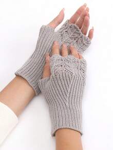 1pair Solid Color Fish Scale Hollow Out Knitted Short Fingerless Gloves, & Versatile,& Windproof For Office, Writing, Winter - Black - View 8