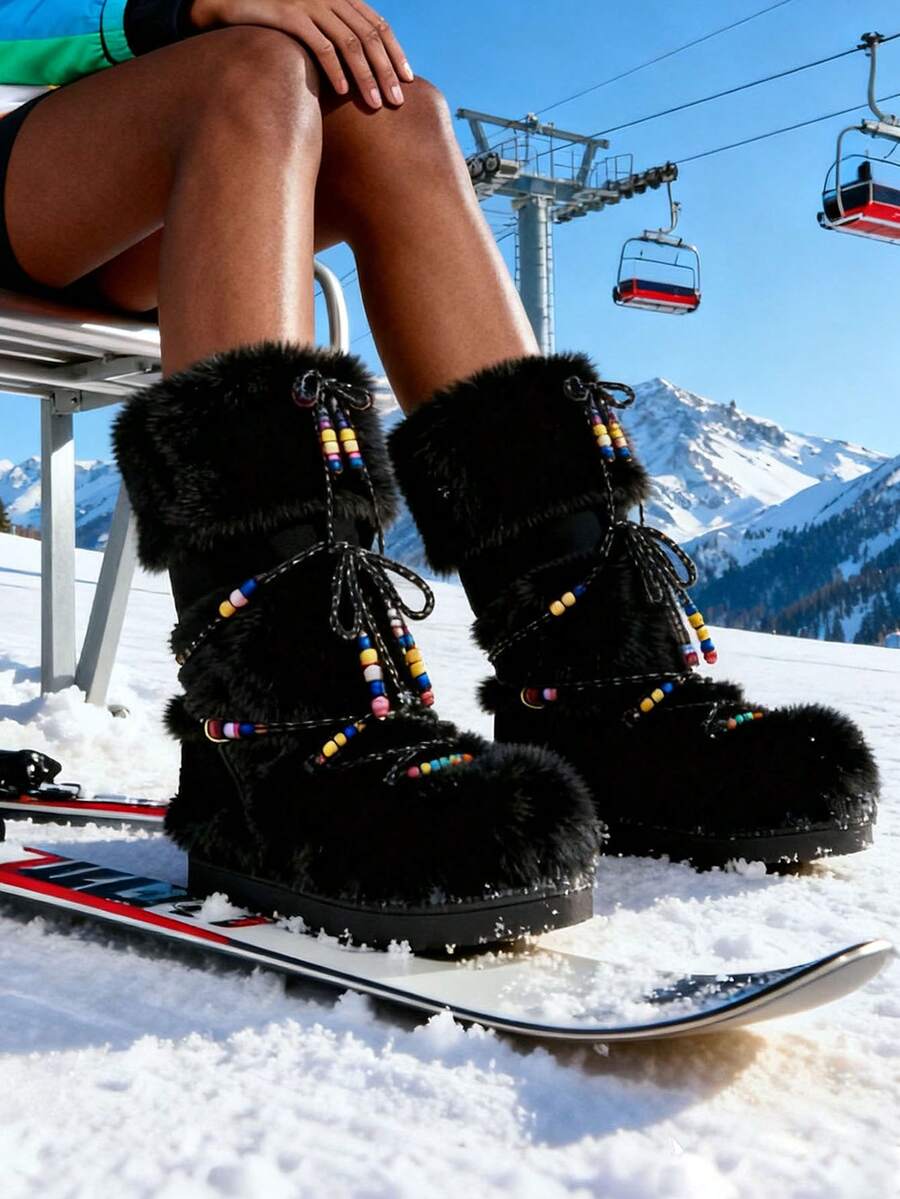 Faux Fur Snow Boots For Women Fuzzy Fluffy Furry Lace Up Mid Calf Boots Winter Warm Fur Boots For Christmas - 黑色3 - 查看 1