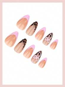 24片装中号杏仁形美甲贴纸，粉色豹纹法式美甲，3D粉色蝴蝶结甜美简约风格，亮泽全覆盖，适合女性和女孩日常、约会、派对美甲。 - 彩色 - 查看 3
