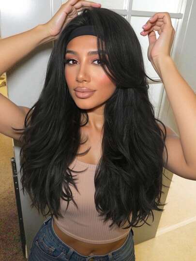 Long Layered Wavy YAKI Hairstyle, Fluffy Straight Hair, Black Headband, Curly Hair Ends, Synthetic Material, No Glue Needed, Easy To Wear, Half Wig With Headband