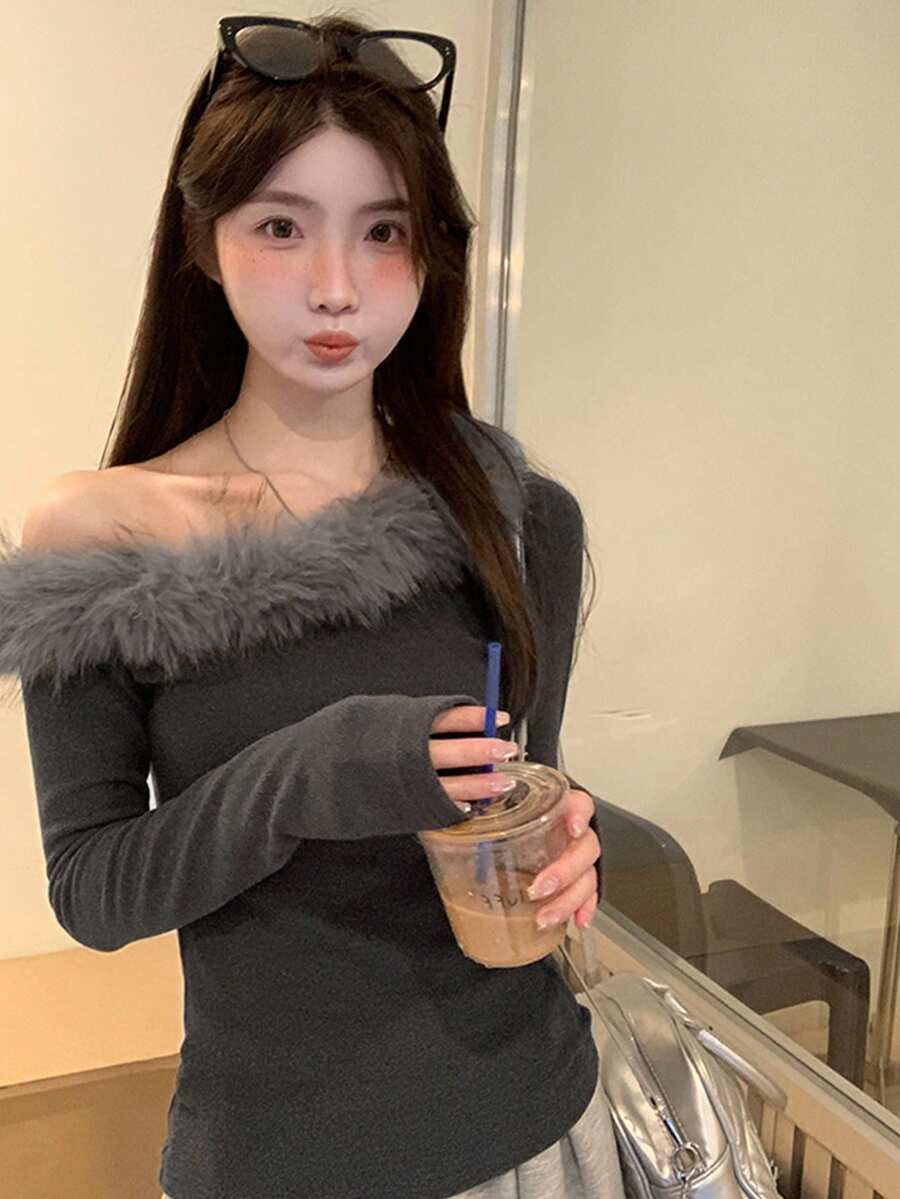 独特设计毛绒领斜肩长袖T恤，修身打底衫，女士春季款 - 灰色 - 查看 1