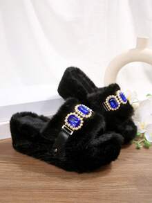 女士套脚家居拖鞋，饰有蓝色宝石，加厚绒毛内里，时尚户外穿着，坡跟毛绒拖鞋，适合秋冬季节。 - 黑色 - 查看 12