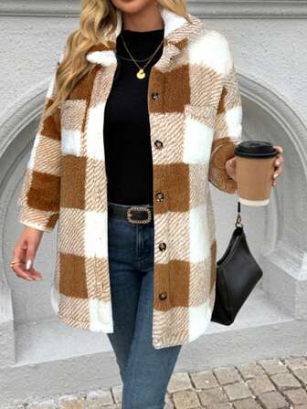 格子撞色抓绒前襟纽扣口袋休闲夹克