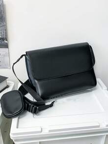 简约时尚零钱包男士休闲斜挎包，PU皮革复古邮差包，适合通勤、旅行、购物、商务出行 - 黑色 - 查看 8