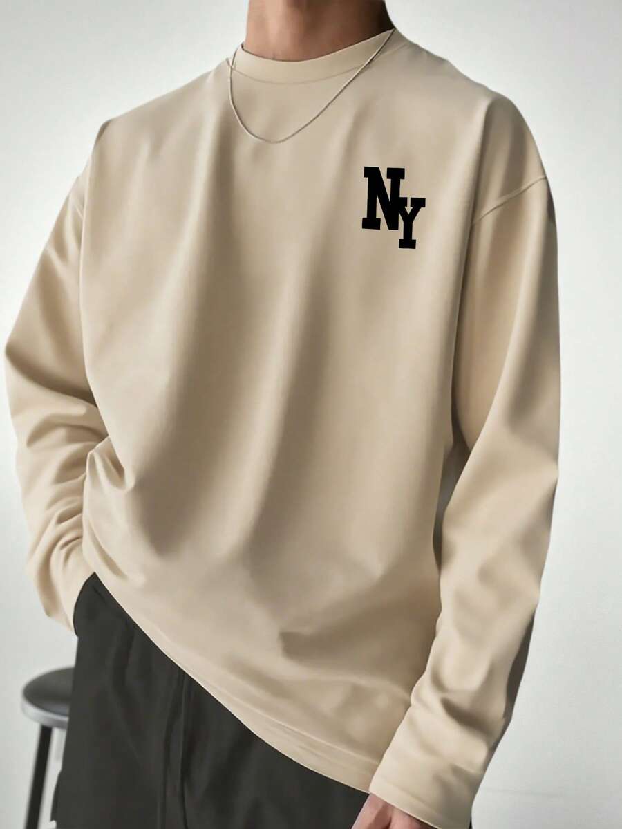 Krometka 男士百搭秋季单品 | 杏色圆领纽约元素印花长袖T恤，适合送给丈夫、男友或朋友