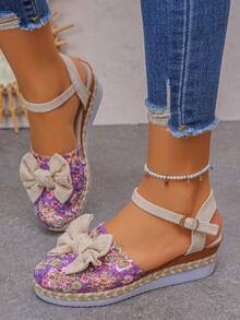 1 Pair New Summer Women's Fashion Casual Platform Sandals, Thick Woven Rope Soles, Single Strap With Purple Mesh Bow Decor, Beach Slippers - Purple Bow - View 6