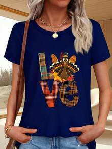 Thanksgiving T-Shirt With Turkey Print And "Love" Lettering In A Checkered Pattern - 藏蓝色 - 查看 1