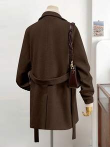 Women's Casual High-End Wool Blend Double-Breasted Long Sleeve Warm Coat, Soft Korean Style With Lining, Autumn/Winter Outerwear - Brown - View 4