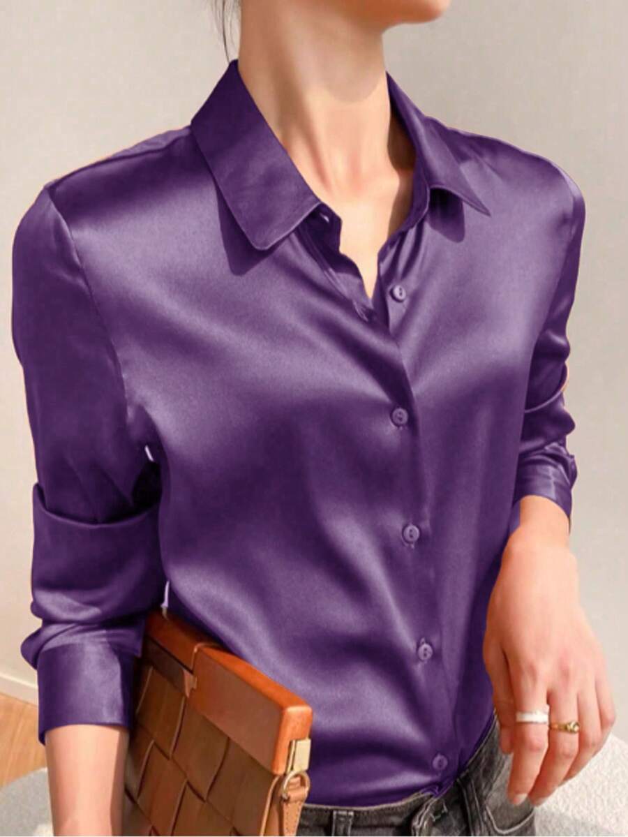Women's Simple Versatile Elegant Solid Color Long Sleeve Button-Up Shirt, Spring/Autumn - Purple - View 1