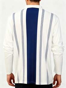 Camisa polo de manga larga con media cremallera, a rayas azul y blanco, de estilo deportivo casual para hombre. Prenda con cuello ideal para el trabajo, el trayecto y como regalo versátil para novio o esposo, para primavera/otoño