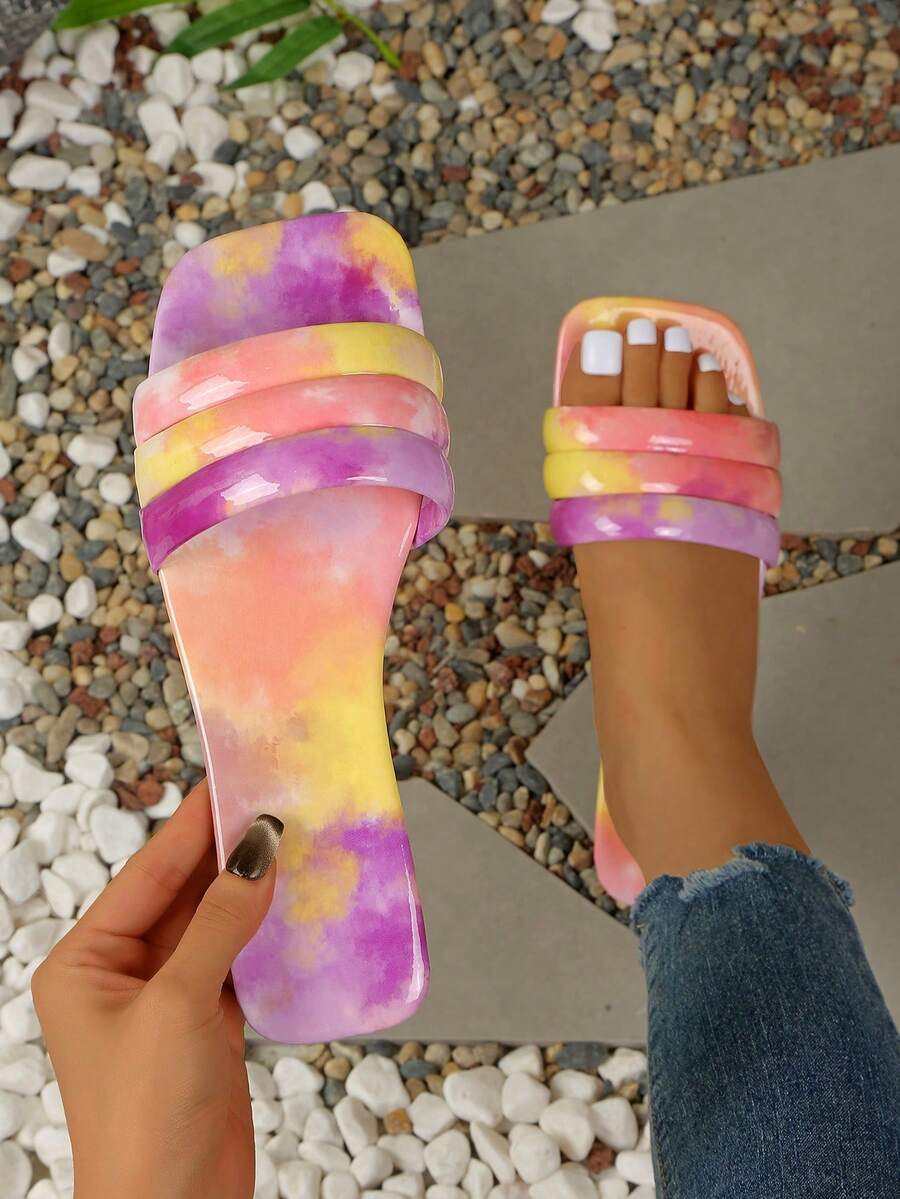 2026 Summer New Arrival Sandals, 1 Pair Women's Comfortable & Elegant Flat Slide Sandals, Slip-On Striped Sandals, Versatile Solid Color Beach PU Leather Pure Metal Women Beach Slippers, Suitable For Spring, Summer, Autumn - Red Violet - View 1