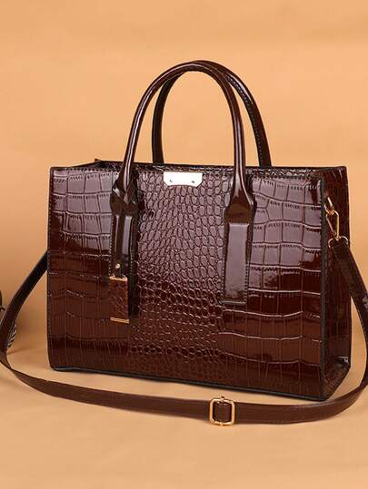 Women's Embossed Crocodile Pattern Handbag, Large Capacity Shoulder Bag, Tote Bag, Crossbody Bag, Minimalist Crocodile Pattern Handbag, Faux Leather Shoulder Bag, Women's Classic Handbag, Business Casual Tote Bag, Suitable For Career Women And Office Ladies, Perfect For Back To School, College, High School, Work, Business, Commuting, Large Capacity Tote, Best Autumn Inspiration, Eye-Catching Ladies Work Bag