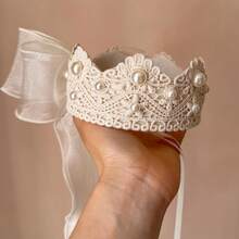 1pc Princess Birthday Crown, Decorated With Pearls And Lace Trim, Adjustable Satin Bow And Pearl Accents Headband - Elegant Headpiece, Suitable For Weddings, Galas, Pageants. Hand Wash Only, Ideal Holiday Headpiece For Christmas, New Year, Valentine's Day And Party Events