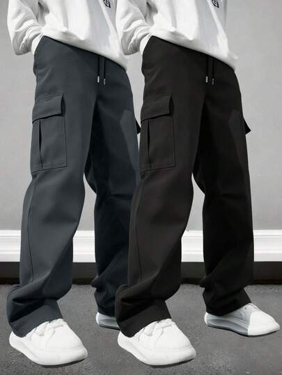 2 件套男士休闲多口袋纯色修身工装裤，适合春夏海滩、日常通勤、运动训练、户外徒步，宽松休闲风格长裤，适合健身、慢跑、街头穿着、直筒剪裁、秋季服装