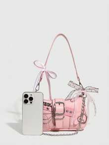 Y2K Star &Y2K Fashionable Multi-Functional Star & Moon Design Unique Pink Chain Decor Crossbody Bag, Ladies Baguette Bag, Niche Design, Steampunk, Gothic, Ladies Bag, Cool Girl Streetwear, Music Festival, Party, Ladies Rock Style Bag Suitable For Girls'' Street Style, Celebrity Same Style Printed Female Shoulder Bag, Y2k Bag, Gothic Punk Bag For Women, 2000s Fashion Style Bag For Women,Christmas Outfit,,Christmas Campus,,Holiday Travel,Christmas Party - 彩色 - 查看 5