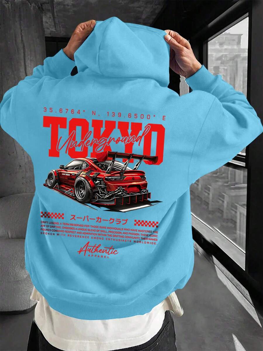 Casual Black Pullover Hoodie Sweatshirt For Men, With Japanese Sports Car Print, Thick & Loose Fit, Suitable For Autumn/Winter, Comfortable & Non-Pilling, Suitable For Everyday Wear Or Outings - Baby Blue - View 1