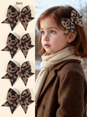 2个豹纹印花发夹，柔软布料蝴蝶结发夹，独特的豹纹发卡，棕色调蝴蝶结发夹，休闲鳄鱼夹，青少年发饰。