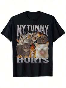 Men's "My Tummy Hurts" Funny Cat Meme Graphic T-Shirt - Crew Neck Casual Summer Tee With Humorous Cartoon Cats & Flames Design, Slightly Elastic, Sizes S-XXXL, Comfortable Outdoor Apparel |     Casual Style Shirt |     Slight Elasticity, Cat Shirt - 黑色 - 查看 5