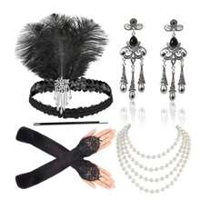 20 件女士 20 世纪 20 年代配饰套装：长袍、了不起的盖茨比风格羽毛头饰、人造珍珠项链、手套舞会万圣节