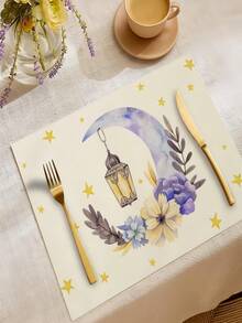 1 pièce Napperon en lin imprimé avec lampe à huile de lune - Tapis de table décoratif de style occidental, résistant à la chaleur/brûlure et antidérapant, idéal pour les tasses à café/thé, bols et vaisselle, parfait pour le dîner à la maison, le thé de l'après-midi, les dîners entre amis, l'utilisation dans un café et la décoration de la table de cuisine - Multicolore - Voir 2
