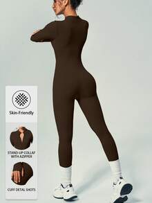 UONNOU 1 Piece Jumpsuit One-Piece Sportswear Peach Hip Lift Waist Control Abdomen Slim Leg Full Body Shaping Zipper Half-Opening Long Sleeve Thumb Hole Design Small Stand-Up Collar Suitable For Sports Skiing Cycling Gym Yoga Ball Sports Exercise Indoor And Outdoor Daily Leisure Seamless Ribbed Knitted Fabric Sportswear Autumn And Winter Style - Brown - View 3