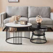 (Original Sku=WF300417BAA) Moderner Nesting-Couchtisch, Couchtisch-Set, Hochglanz-Tischplatte, Marmoriert, Sofa-Beistelltisch, Runder Nesting-Couchtisch, 2er-Set, Schwarzer Rahmen - Black - View 3