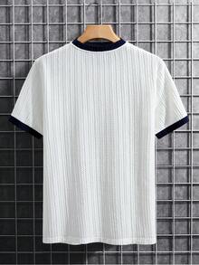 Herren Sommer Lässig Crew Neck Patchwork Schwarz & Weiß gestreiftes Kurzarm T-Shirt - Weiss - Übersicht 5