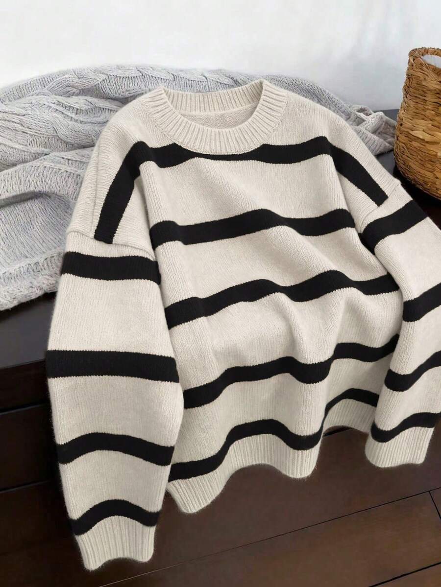 Women's Casual Striped Knit Long Sleeve Sweater Top, Soft & Comfortable Relaxed Fit Pullover Spring - Beige - View 1