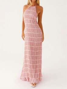 Women's Ruched Bodycon Long Dress Sleeveless Backless Solid Color Dress Cocktail Party Dress - Pink - View 1