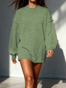 Suéter casual folgado com manga raglan, gola redonda elegante, manga bufante, cor sólida e mangas compridas, ideal para outono/inverno. - Verde Azeitona - Ver 3