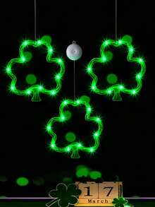 2个/1个圣帕特里克节装饰窗灯，11个LED四叶草窗灯，带吸盘，电池供电，四叶草装饰，适用于窗户、墙壁、卧室、室内和室外（经典款式） - 彩色 - 查看 2