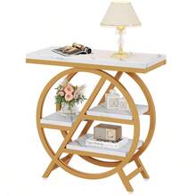 LITTLE TREE Industrial Side Table, 4-Tiered Faux Marble End Table With Storage, Narrow Wooden Sofa Coffee Table With Geometric Metal Frame, Modern Nightstand And Console Table For Living Room, Home Office, And Bedroom, Gold And White - 金色和白色 - 查看 10