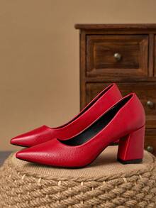 MonaNise Women's Pointed Toe 7cm Chunky High Heel Casual Party Dress Pumps, Versatile For All Seasons - Red - View 5