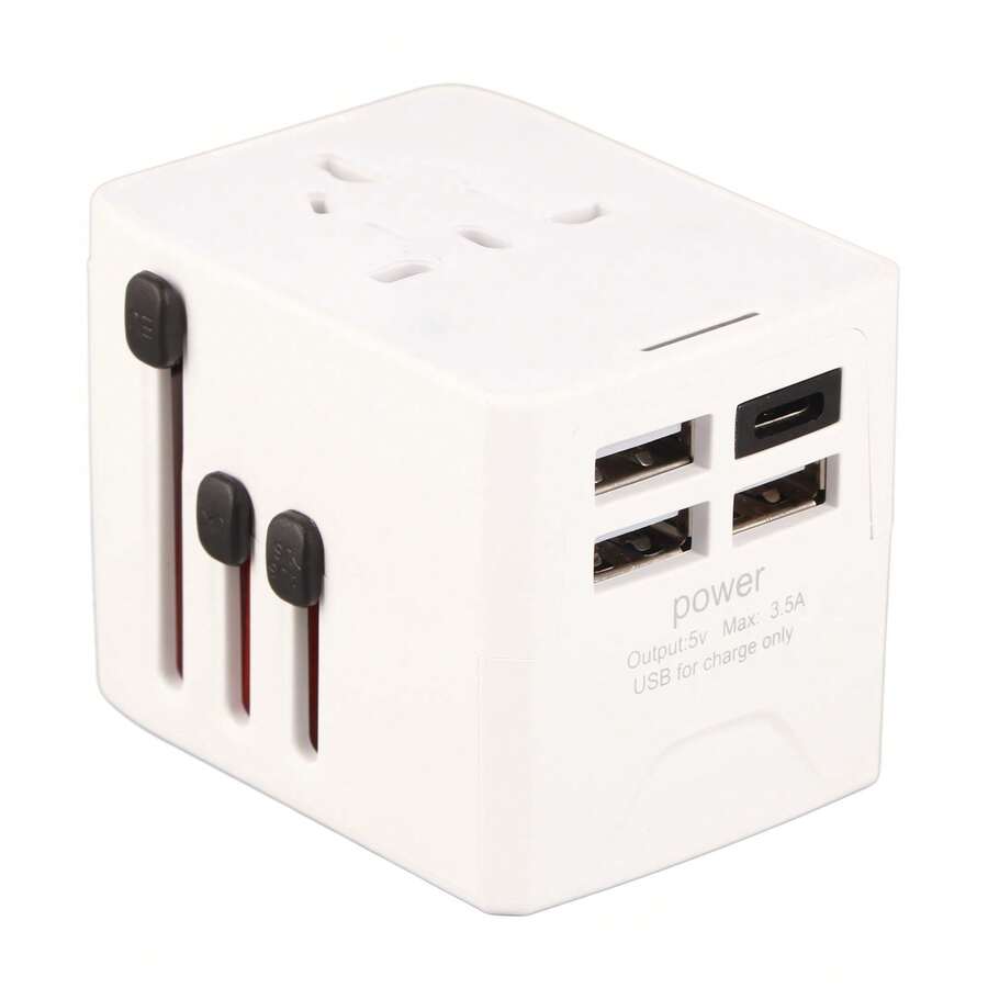 Adaptador De Viaje Internacional, Adaptador De Enchufe Internacional Universal, 3usb+Type-C, Adaptador Us A Europeo Para Italia, España, Francia, Alemania, Grecia - Blanco - Ver 1