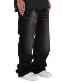 男士浅蓝色水洗复古宽松直筒牛仔裤 - 黑色 - 查看 5