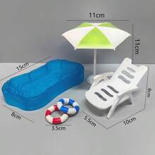 Miniature Dollhouse Swimming Pool Model, Swimming Ring, Coconut Tree, Sun Umbrella, Beach Chair, Miniature Ornaments - Multicolor - View 5